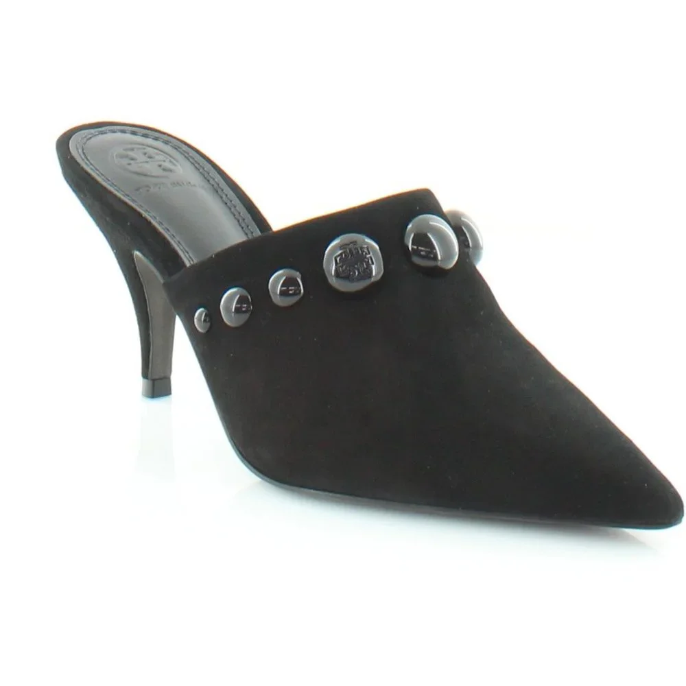 Tory Burch Black Suede Pointed Mule Heels with Stud Accents